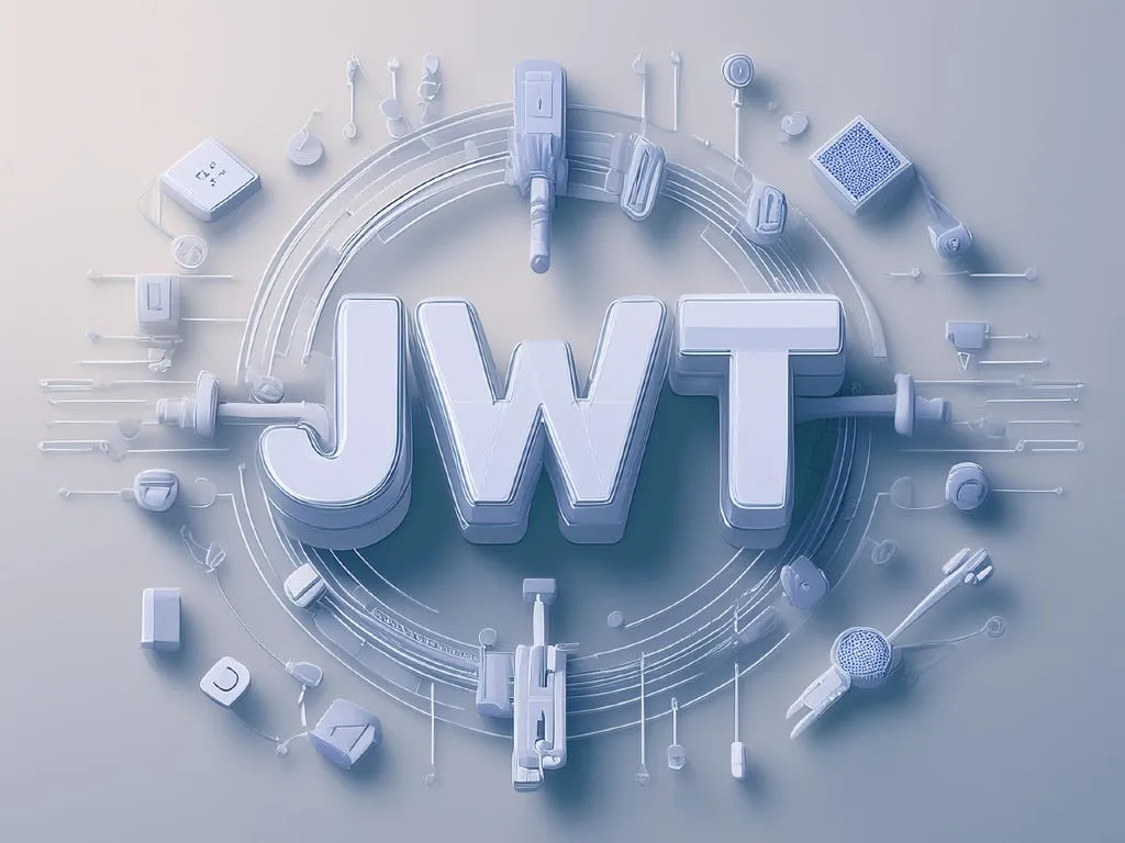 Trójwymiarowy napis JWT otoczony elementami połączeń sieciowych